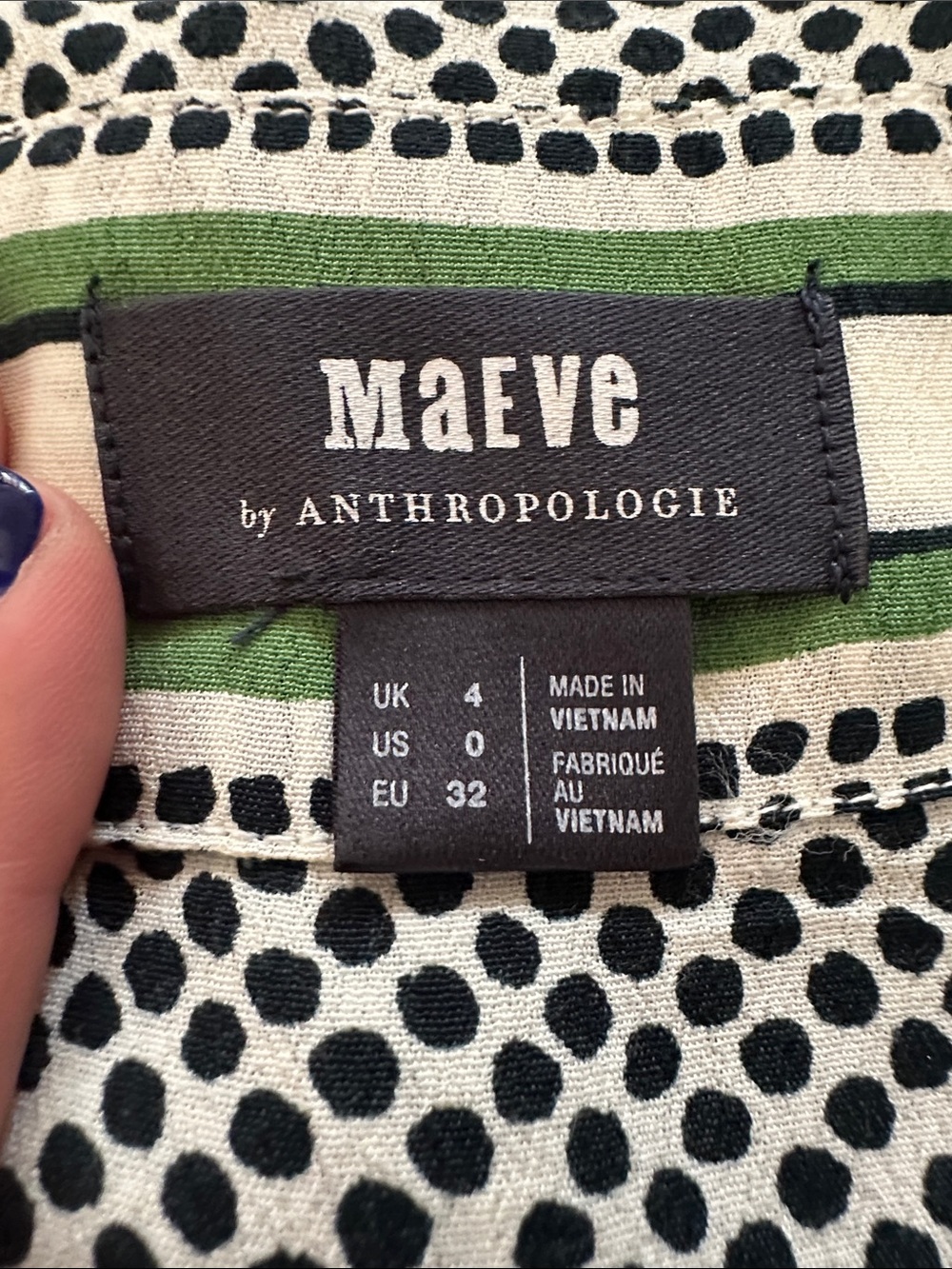 Anthropologie Maeve Black Polka Dot Dress with Green Stripe
